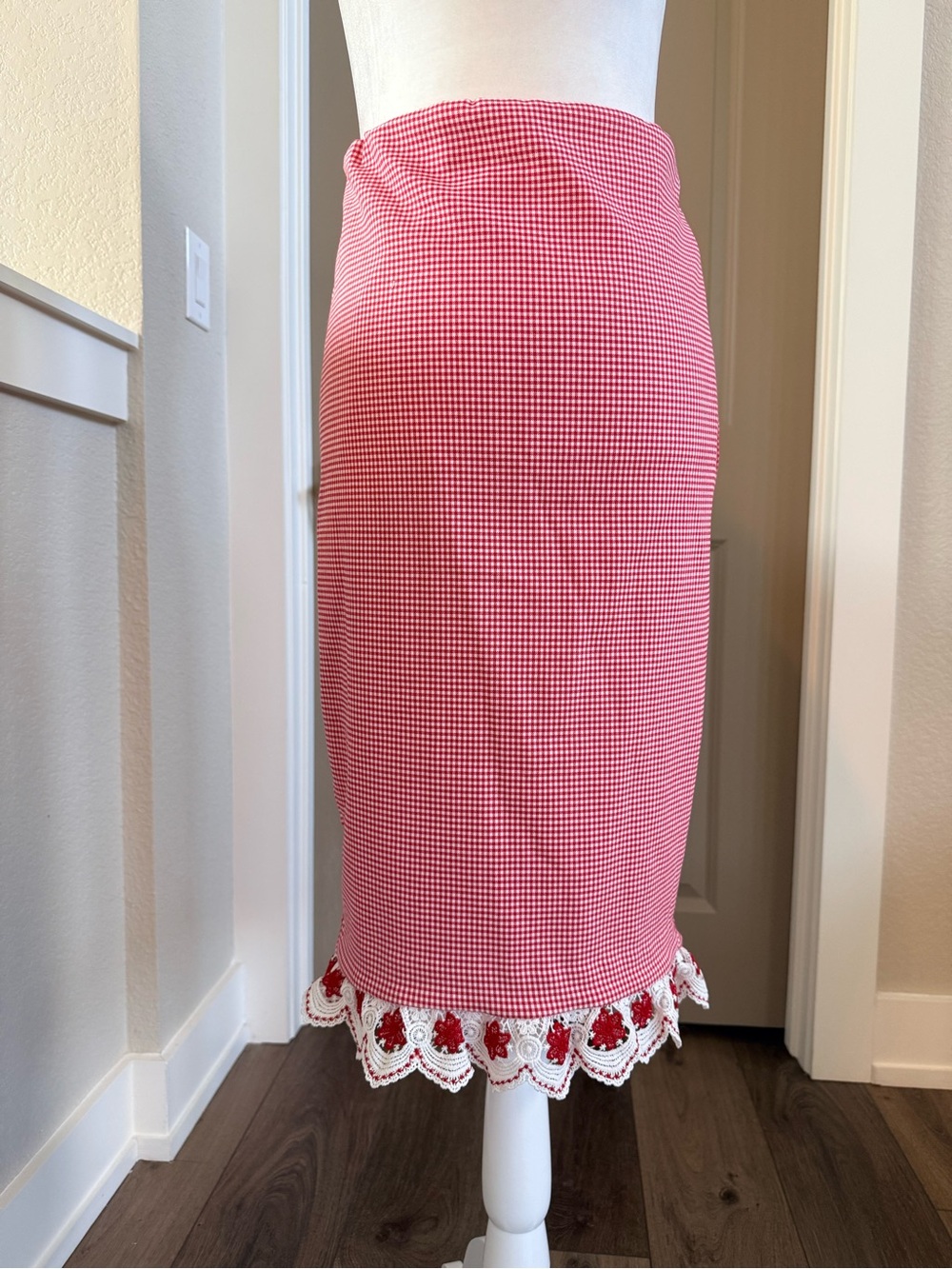 Red Gingham Pencil Skirt with Lace Trim by New York & Co.